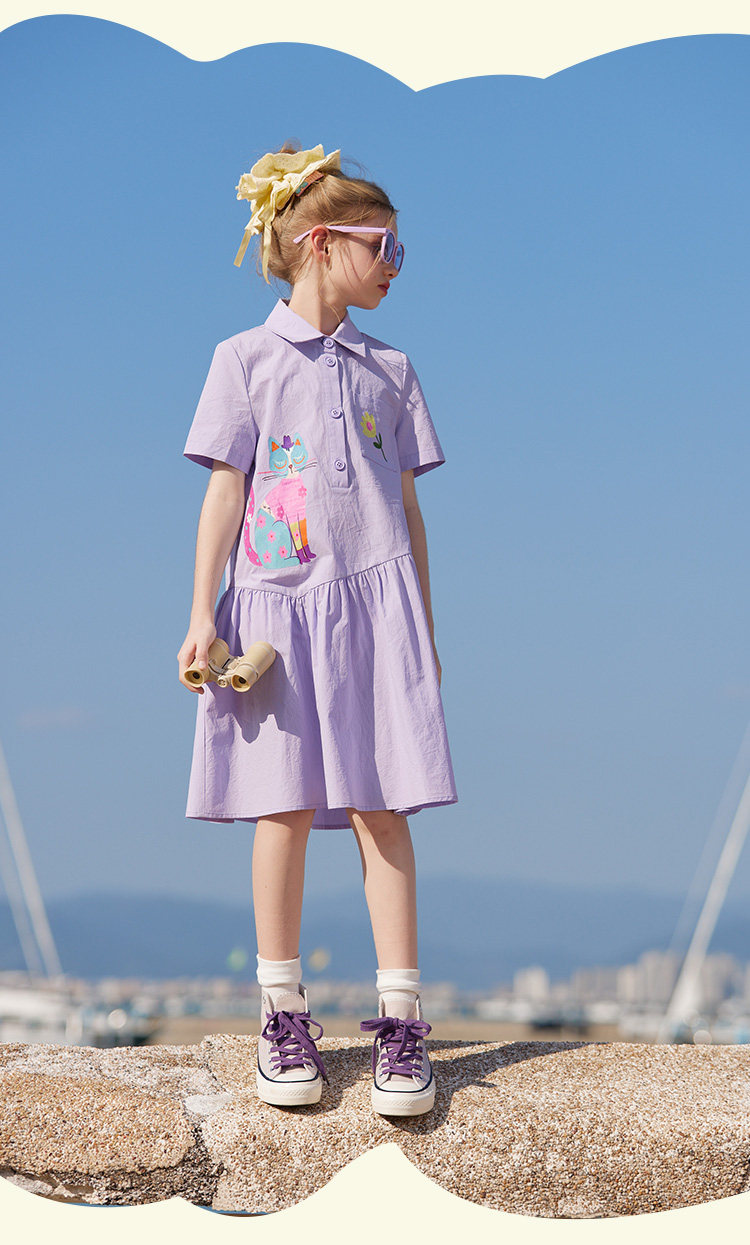 CHANZUIGOU Girls' Taro Purple Pure Cotton Shirt Dress 2026 Summer New Stylish Dopamine Print Dress 17